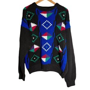 Vintage Etchings 80's Women's Geometric Chunky Crewneck Sweater Black XL